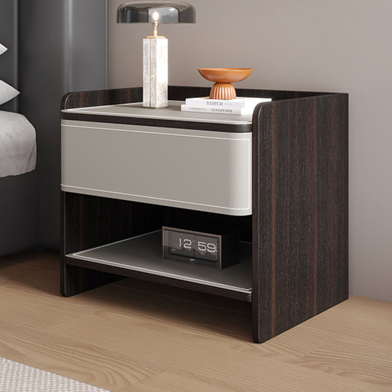 Contemporary Scandinavian Square Wood Saddle Leather Nightstand 1-Drawer For Bedroom