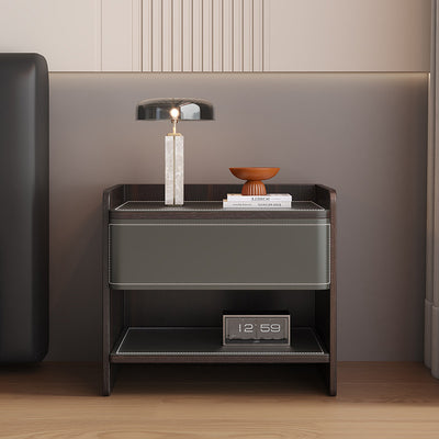 Contemporary Scandinavian Square Wood Saddle Leather Nightstand 1-Drawer For Bedroom