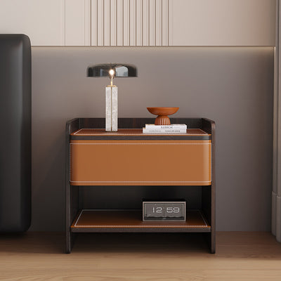 Contemporary Scandinavian Square Wood Saddle Leather Nightstand 1-Drawer For Bedroom