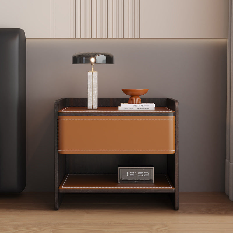 Contemporary Scandinavian Square Wood Saddle Leather Nightstand 1-Drawer For Bedroom