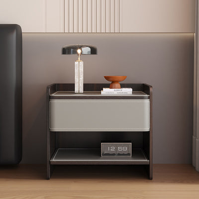 Contemporary Scandinavian Square Wood Saddle Leather Nightstand 1-Drawer For Bedroom