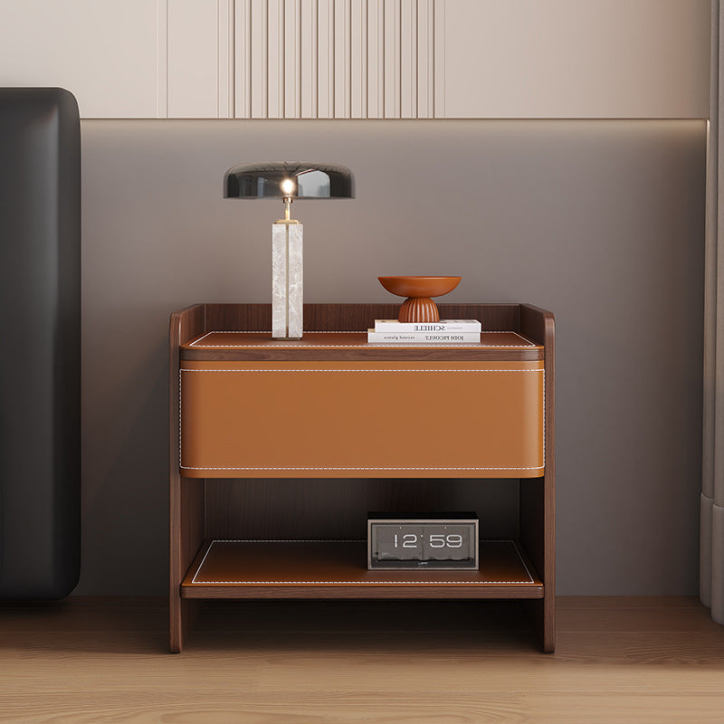 Contemporary Scandinavian Square Wood Saddle Leather Nightstand 1-Drawer For Bedroom