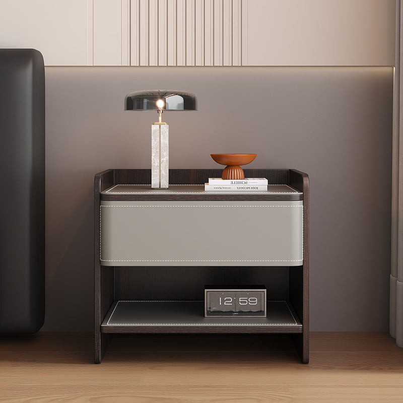Contemporary Scandinavian Square Wood Saddle Leather Nightstand 1-Drawer For Bedroom