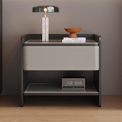 Contemporary Scandinavian Square Wood Saddle Leather Nightstand 1-Drawer For Bedroom