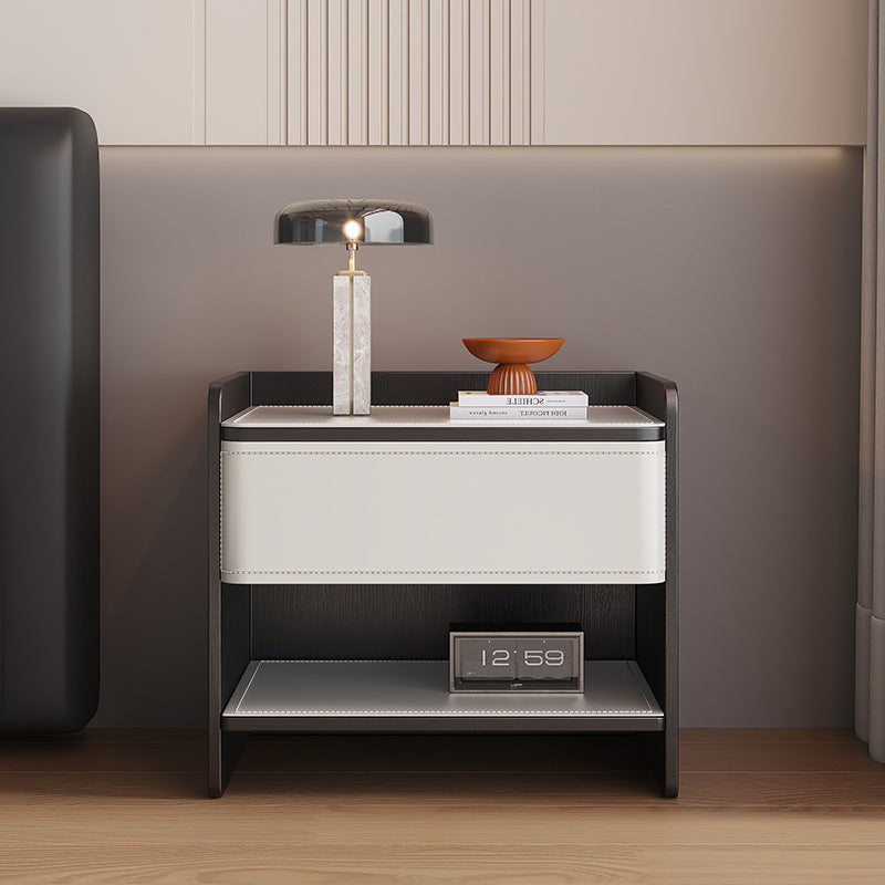 Contemporary Scandinavian Square Wood Saddle Leather Nightstand 1-Drawer For Bedroom
