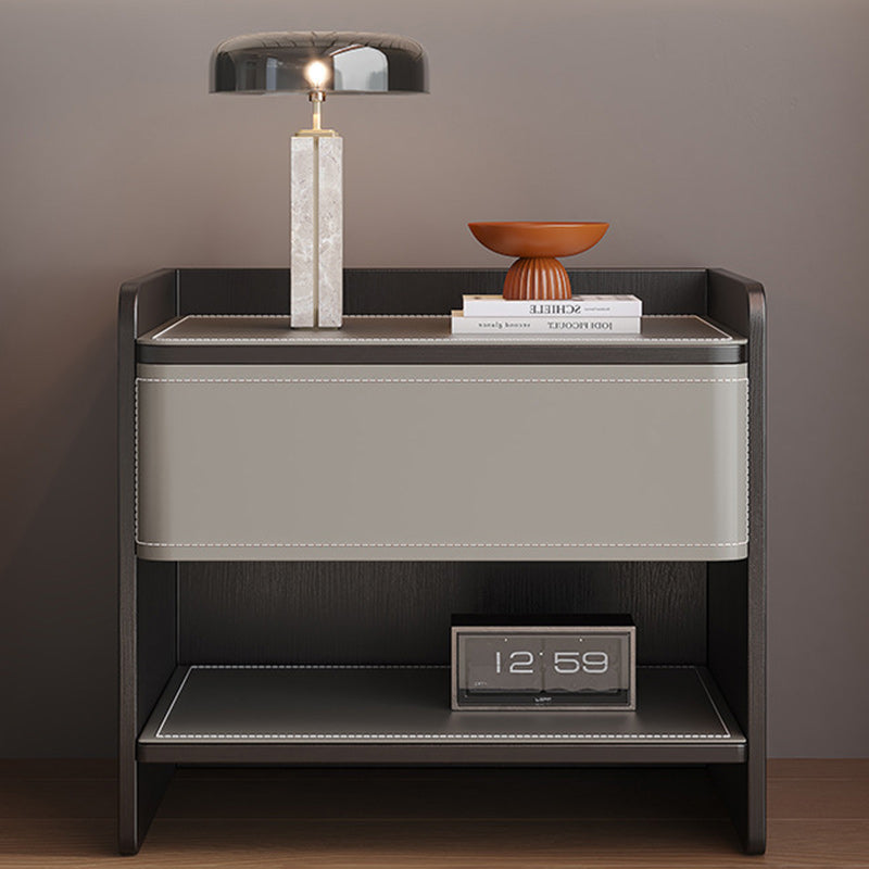 Contemporary Scandinavian Square Wood Saddle Leather Nightstand 1-Drawer For Bedroom