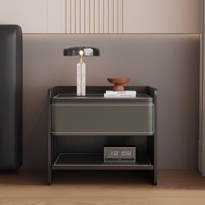 Contemporary Scandinavian Square Wood Saddle Leather Nightstand 1-Drawer For Bedroom