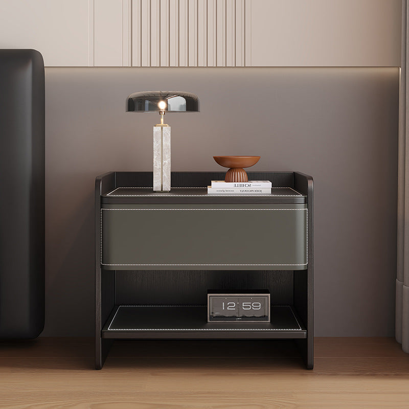Contemporary Scandinavian Square Wood Saddle Leather Nightstand 1-Drawer For Bedroom