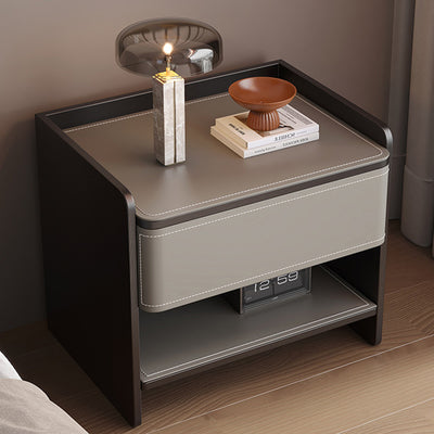Contemporary Scandinavian Square Wood Saddle Leather Nightstand 1-Drawer For Bedroom