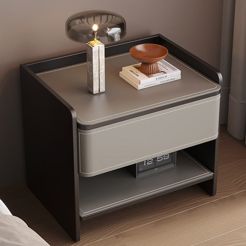 Contemporary Scandinavian Square Wood Saddle Leather Nightstand 1-Drawer For Bedroom