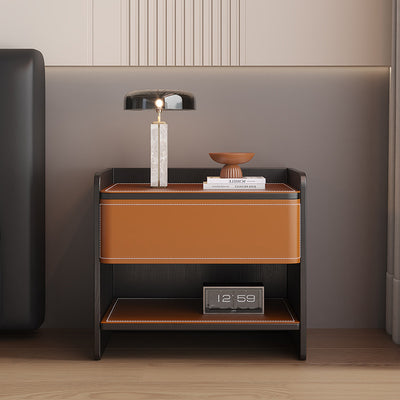 Contemporary Scandinavian Square Wood Saddle Leather Nightstand 1-Drawer For Bedroom