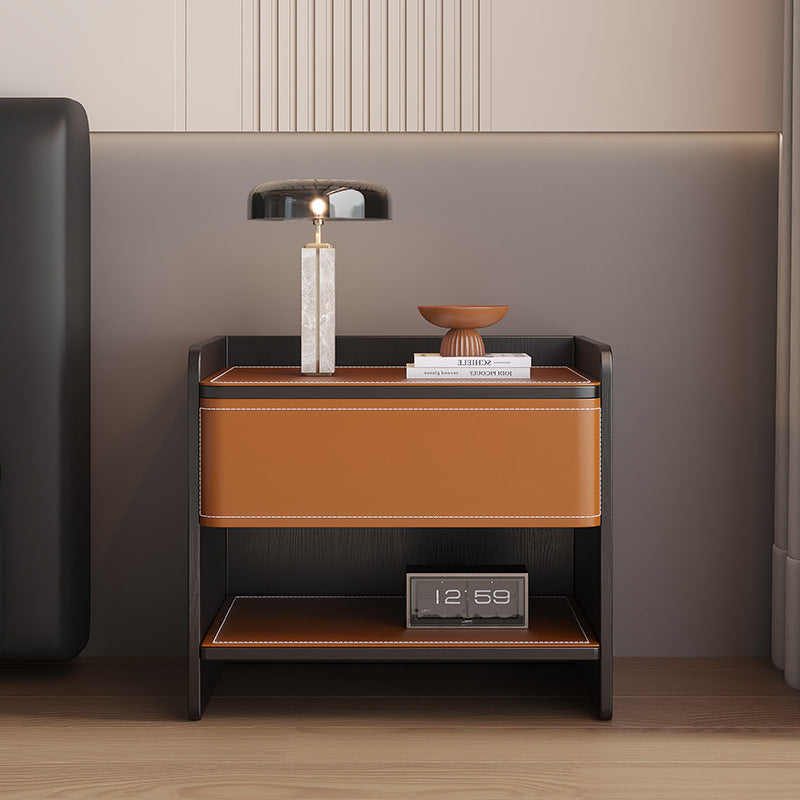 Contemporary Scandinavian Square Wood Saddle Leather Nightstand 1-Drawer For Bedroom