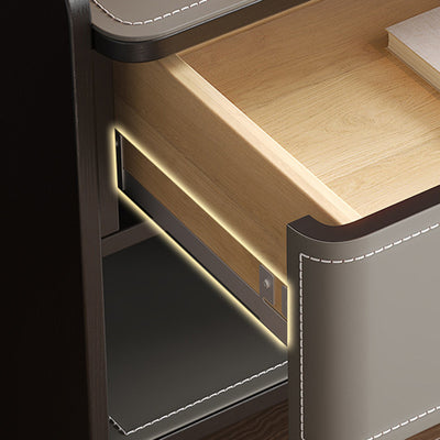 Contemporary Scandinavian Square Wood Saddle Leather Nightstand 1-Drawer For Bedroom