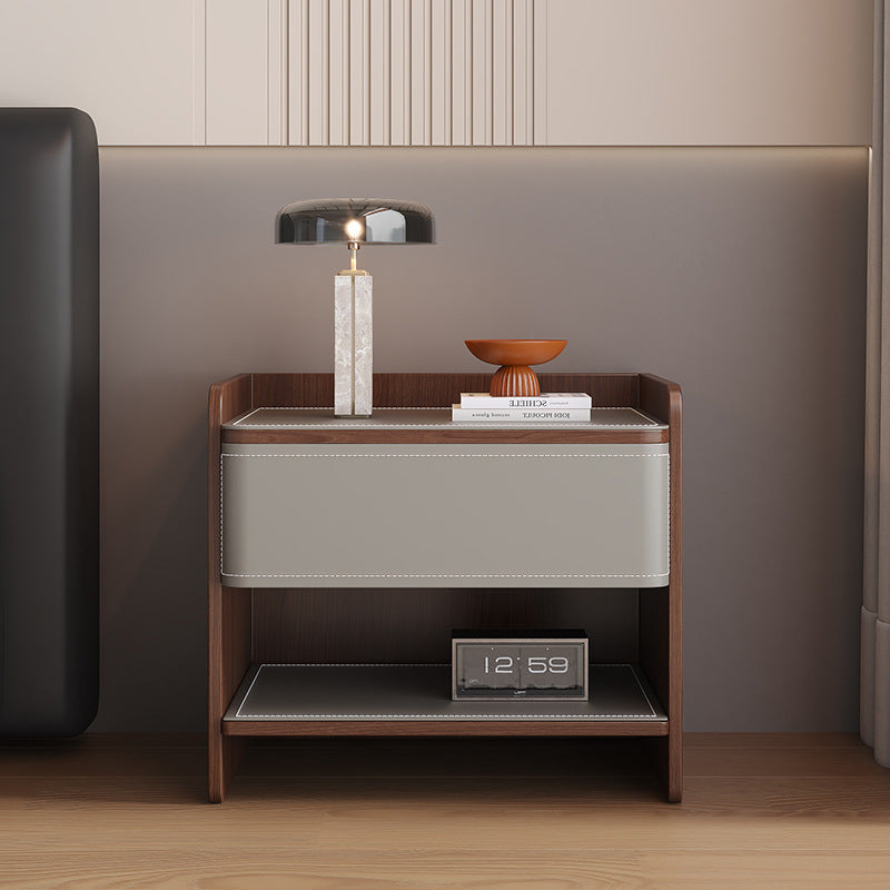 Contemporary Scandinavian Square Wood Saddle Leather Nightstand 1-Drawer For Bedroom