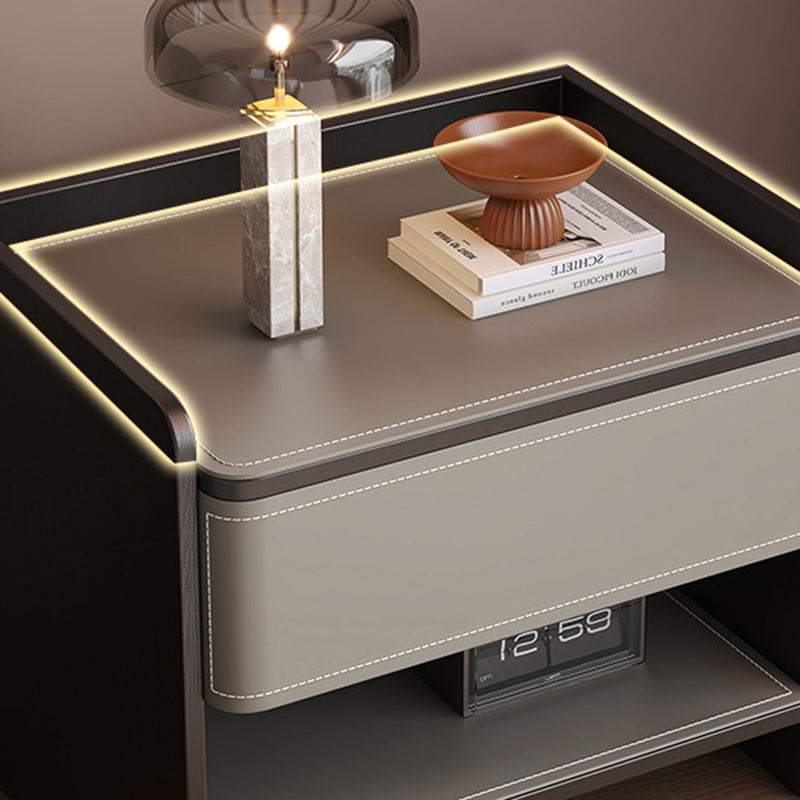 Contemporary Scandinavian Square Wood Saddle Leather Nightstand 1-Drawer For Bedroom