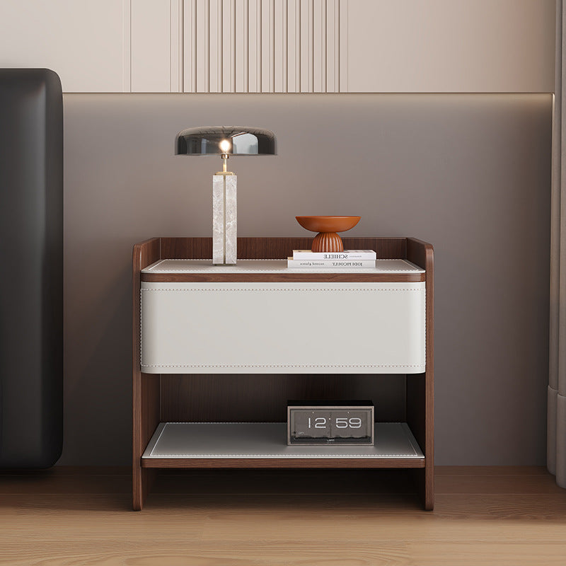 Contemporary Scandinavian Square Wood Saddle Leather Nightstand 1-Drawer For Bedroom