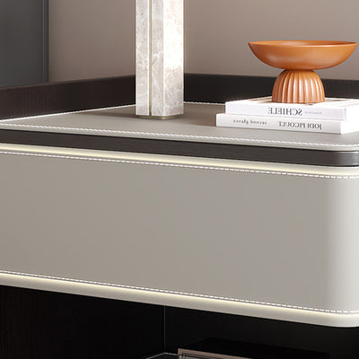Contemporary Scandinavian Square Wood Saddle Leather Nightstand 1-Drawer For Bedroom