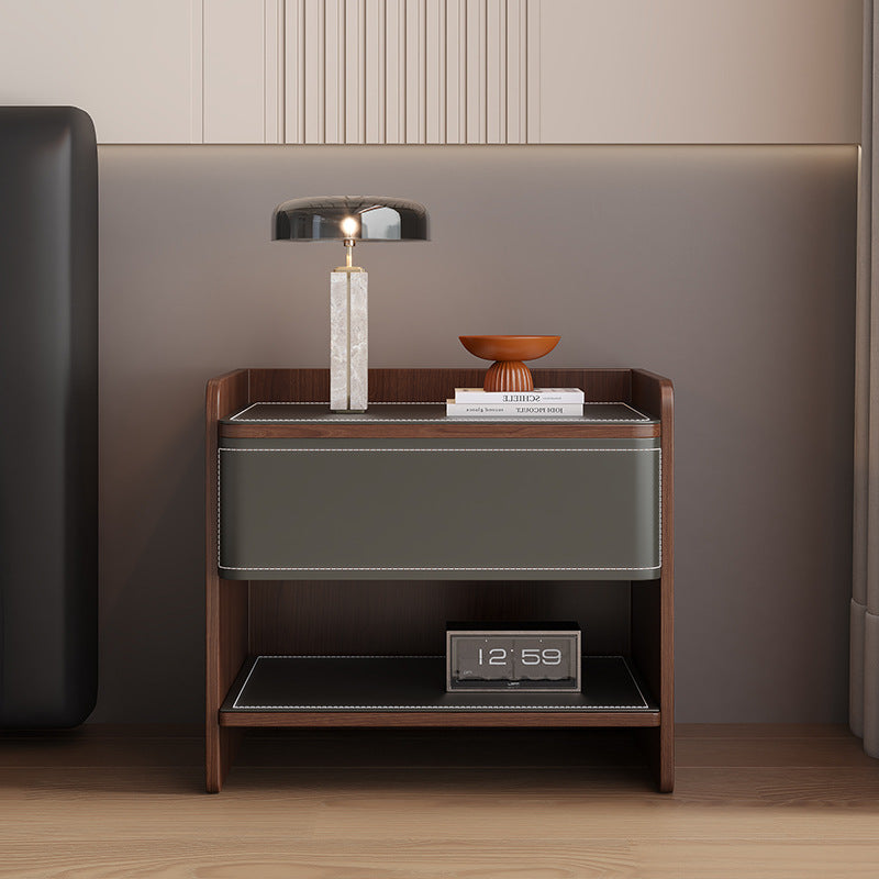 Contemporary Scandinavian Square Wood Saddle Leather Nightstand 1-Drawer For Bedroom