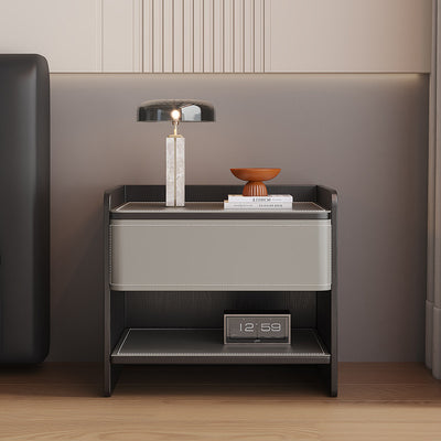 Contemporary Scandinavian Square Wood Saddle Leather Nightstand 1-Drawer For Bedroom