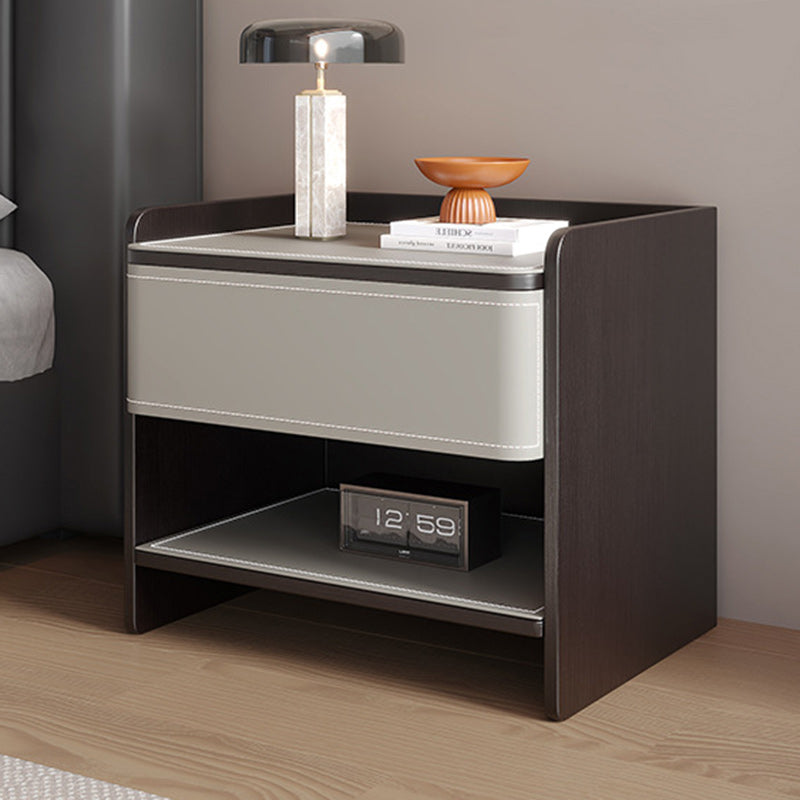 Contemporary Scandinavian Square Wood Saddle Leather Nightstand 1-Drawer For Bedroom