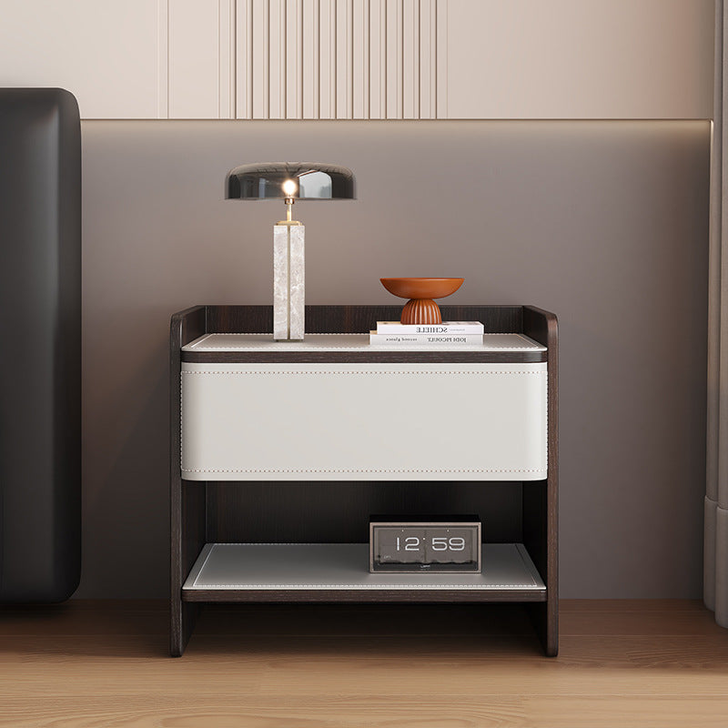 Contemporary Scandinavian Square Wood Saddle Leather Nightstand 1-Drawer For Bedroom