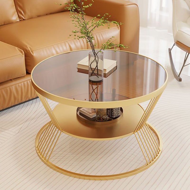 Contemporary Scandinavian Round Iron Glass Coffee Table 2- Tier For Living Room