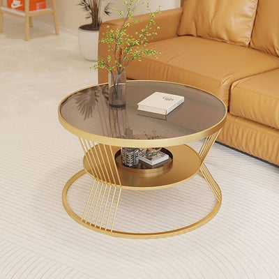 Contemporary Scandinavian Round Iron Glass Coffee Table 2- Tier For Living Room
