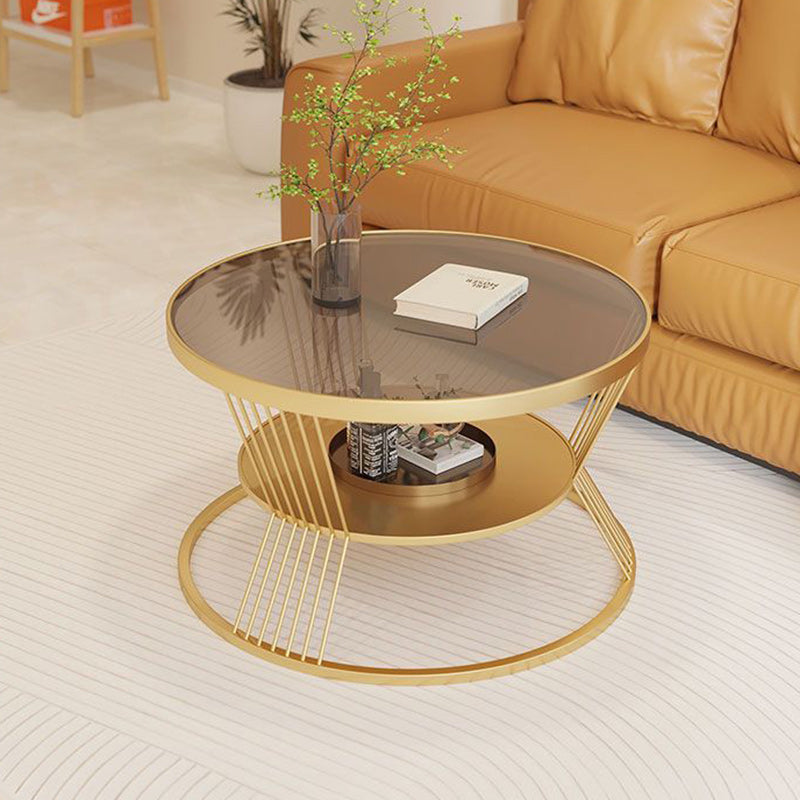 Contemporary Scandinavian Round Iron Glass Coffee Table 2- Tier For Living Room