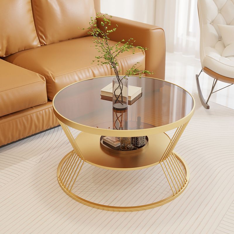 Contemporary Scandinavian Round Iron Glass Coffee Table 2- Tier For Living Room