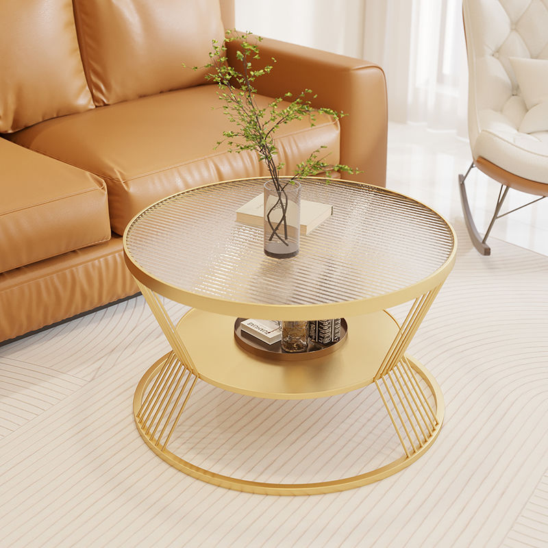 Contemporary Scandinavian Round Iron Glass Coffee Table 2- Tier For Living Room