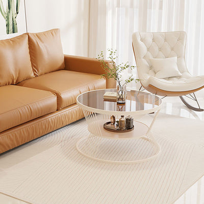 Contemporary Scandinavian Round Iron Glass Coffee Table 2- Tier For Living Room