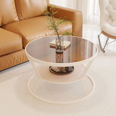 Contemporary Scandinavian Round Iron Glass Coffee Table 2- Tier For Living Room