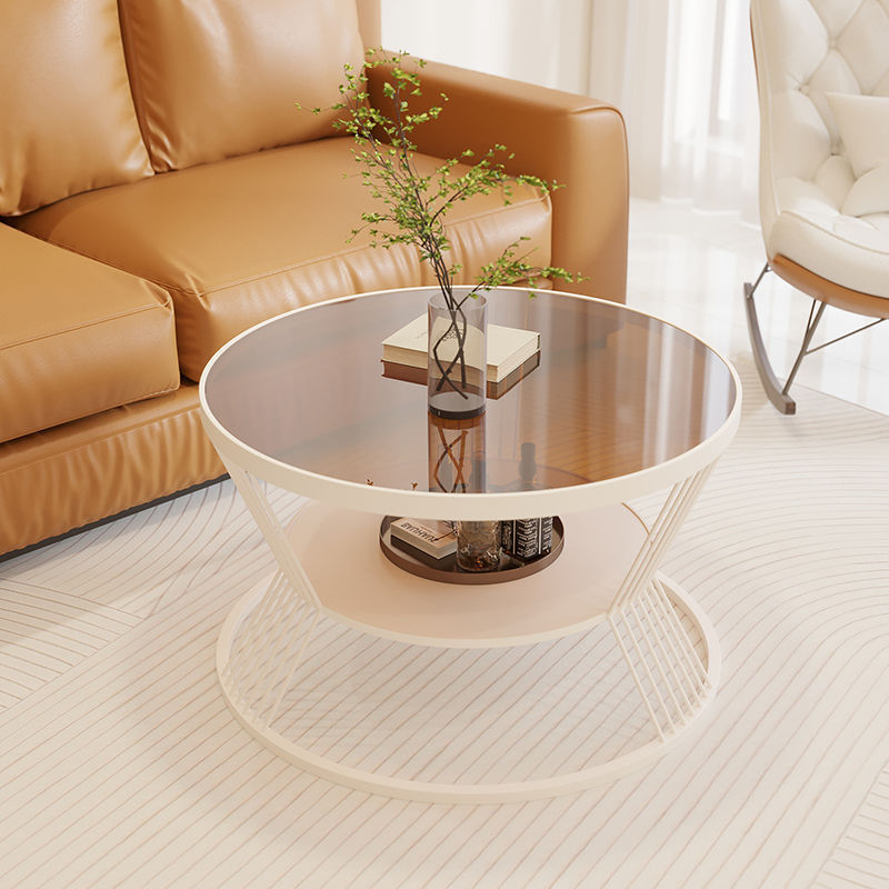 Contemporary Scandinavian Round Iron Glass Coffee Table 2- Tier For Living Room