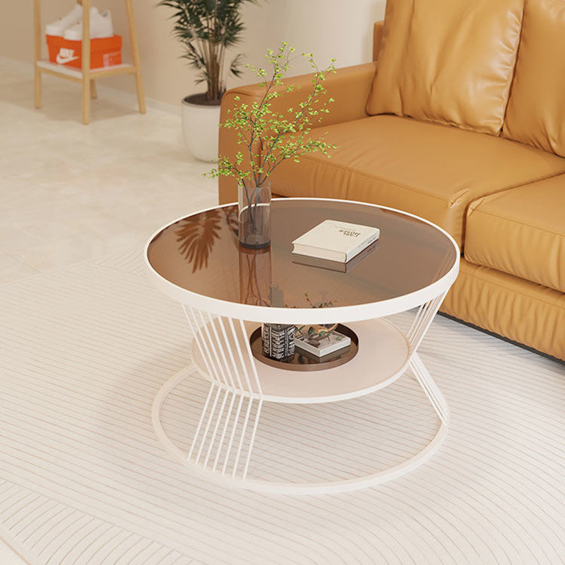 Contemporary Scandinavian Round Iron Glass Coffee Table 2- Tier For Living Room