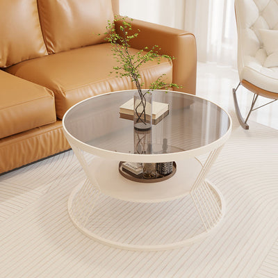 Contemporary Scandinavian Round Iron Glass Coffee Table 2- Tier For Living Room
