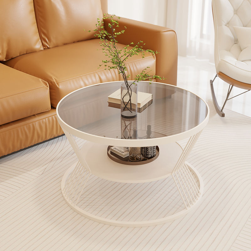 Contemporary Scandinavian Round Iron Glass Coffee Table 2- Tier For Living Room