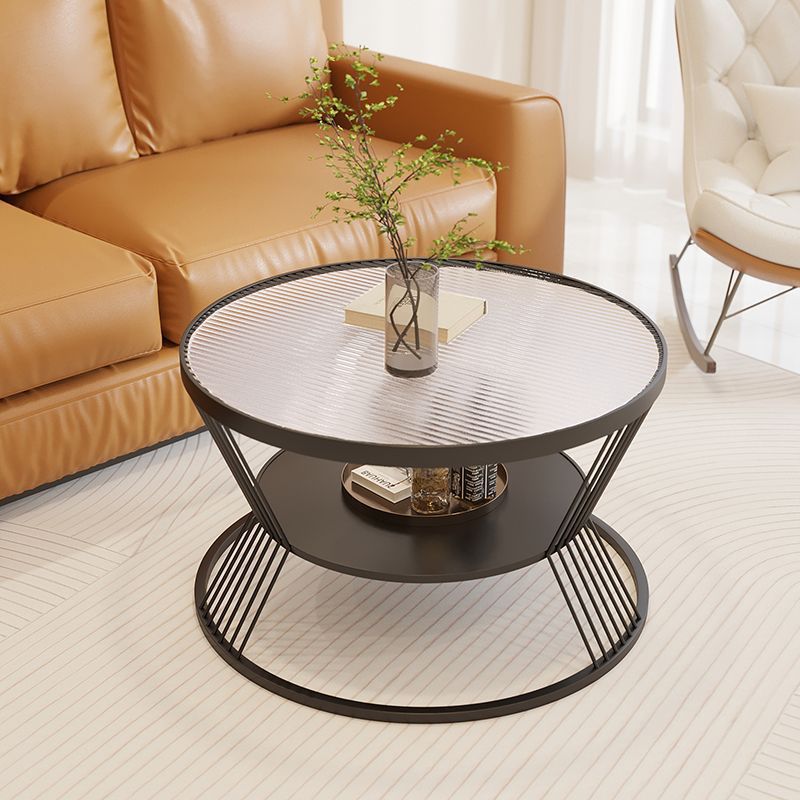 Contemporary Scandinavian Round Iron Glass Coffee Table 2- Tier For Living Room