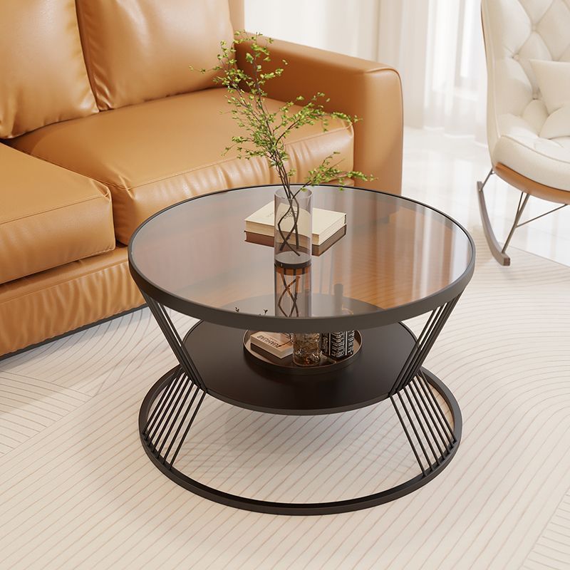Contemporary Scandinavian Round Iron Glass Coffee Table 2- Tier For Living Room
