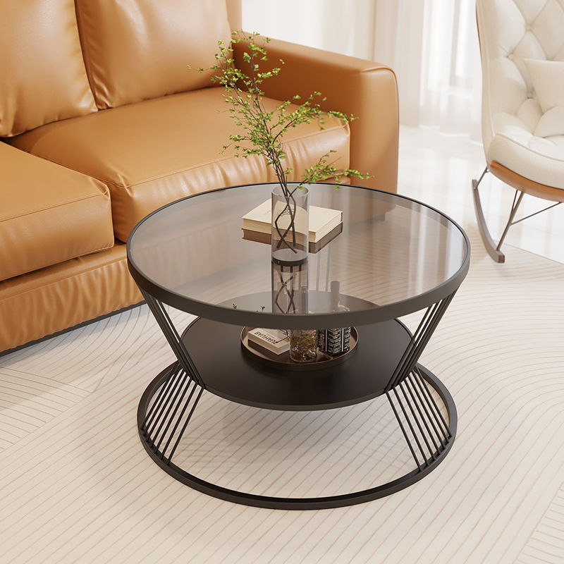 Contemporary Scandinavian Round Iron Glass Coffee Table 2- Tier For Living Room