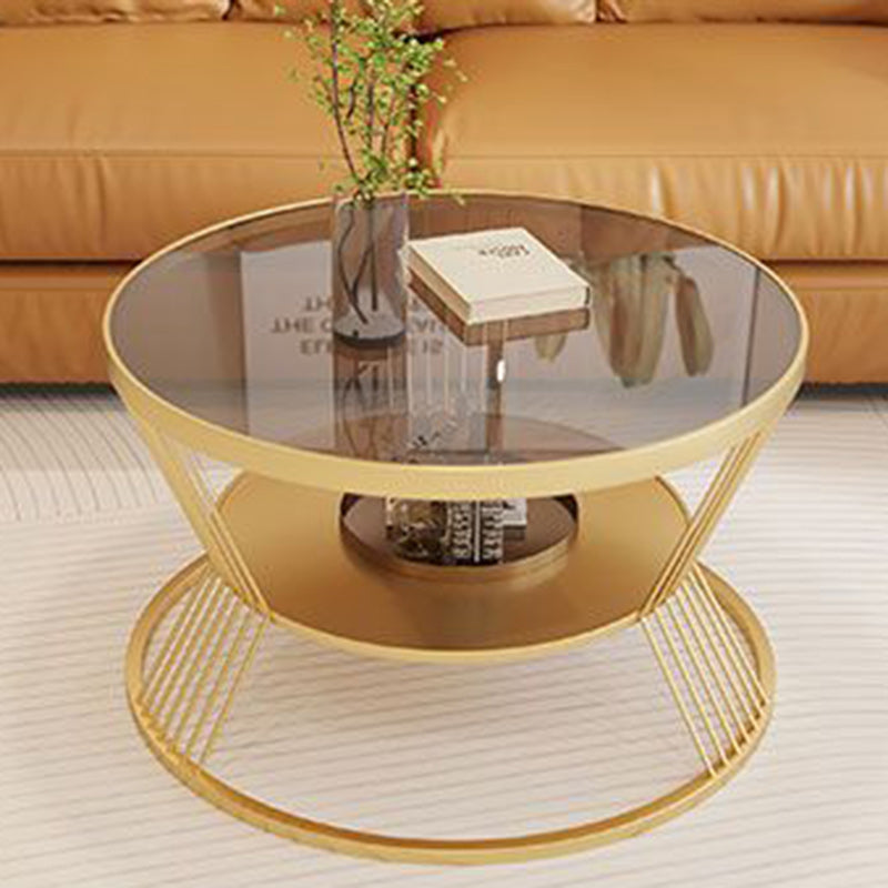 Contemporary Scandinavian Round Iron Glass Coffee Table 2- Tier For Living Room