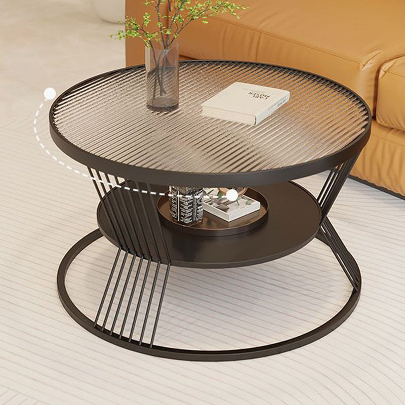 Contemporary Scandinavian Round Iron Glass Coffee Table 2- Tier For Living Room
