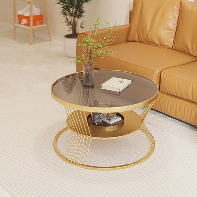Contemporary Scandinavian Round Iron Glass Coffee Table 2- Tier For Living Room
