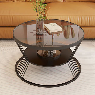 Contemporary Scandinavian Round Iron Glass Coffee Table 2- Tier For Living Room