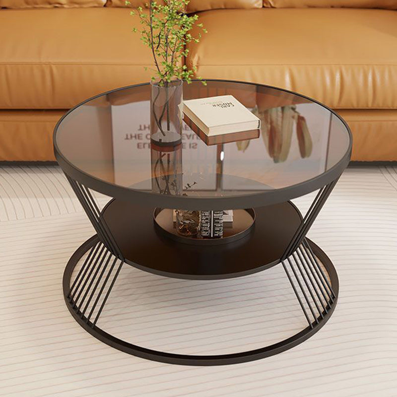 Contemporary Scandinavian Round Iron Glass Coffee Table 2- Tier For Living Room