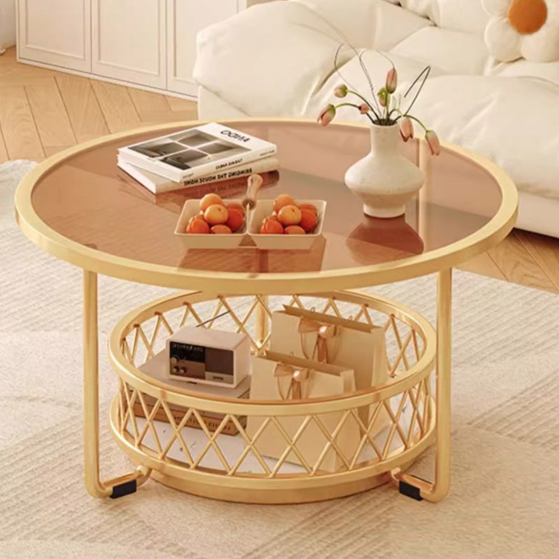Moderner minimalistischer runder Tisch aus gehärtetem Glas mit Eisen und 1 Regal für das Wohnzimmer 
