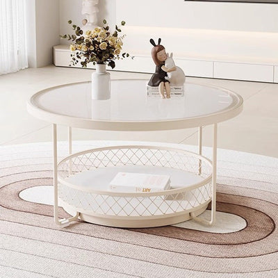 Moderner minimalistischer runder Tisch aus gehärtetem Glas mit Eisen und 1 Regal für das Wohnzimmer 