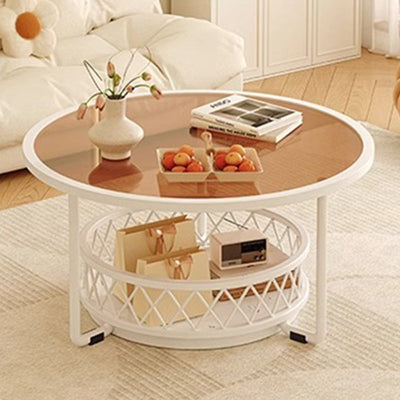 Moderner minimalistischer runder Tisch aus gehärtetem Glas mit Eisen und 1 Regal für das Wohnzimmer 