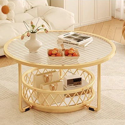Moderner minimalistischer runder Tisch aus gehärtetem Glas mit Eisen und 1 Regal für das Wohnzimmer 