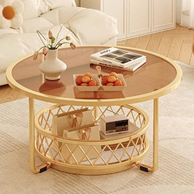 Moderner minimalistischer runder Tisch aus gehärtetem Glas mit Eisen und 1 Regal für das Wohnzimmer 