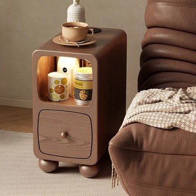 Table de nuit moderne en bois de caoutchouc carré de luxe avec panneau multi-1-tiroir pour chambre à coucher 